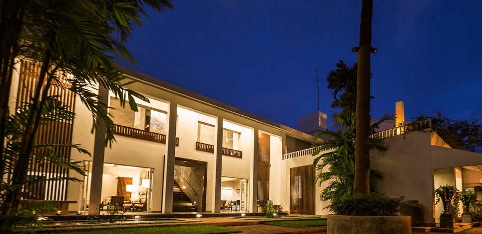 The property lit at dusk